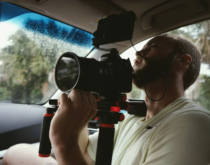 Handheld interview on a busy street